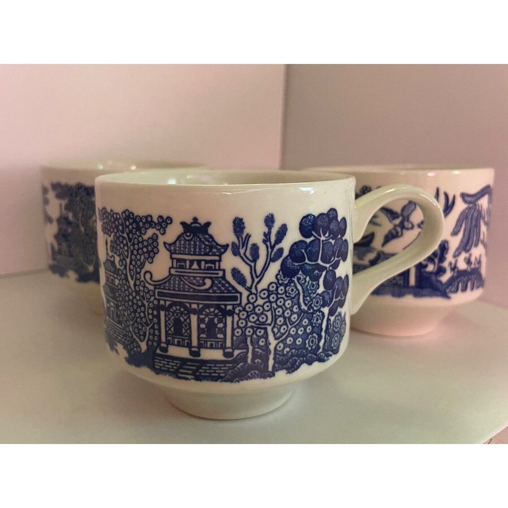 Vintage Churchill England Blue Willow Coffee Mug Soup Tea Cups Set of 3  8oz